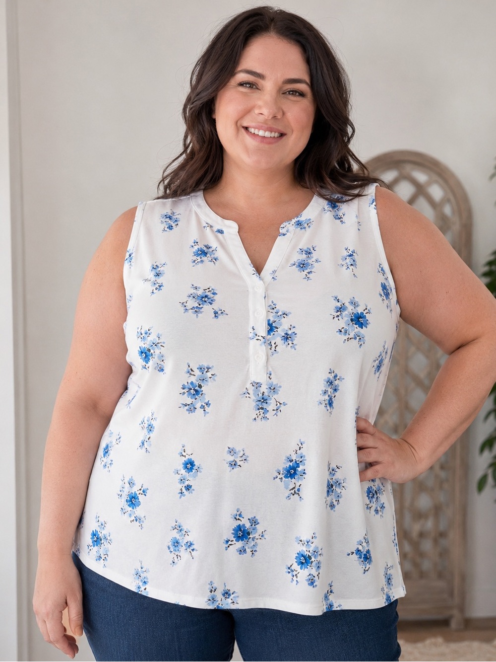 Sleeveless White Floral Henley Top with Blue Print
